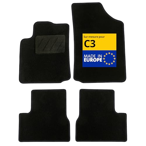DBS – Tapis de Voiture - sur Mesure pour Citroën C3 (03/2002-12/2010) – Antidérapants avec Clips de Fixation – 4 Tapis Auto Avant/arrière – Moquette Noire