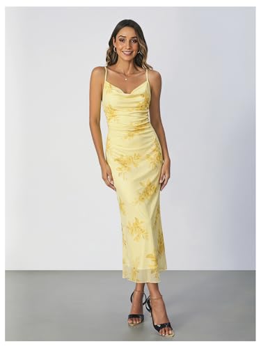 Image of SOLY HUX Women's Floral Mesh Bodycon Cami Dress Cowl Neck Sleeveless Cocktail Party Wedding Guest Long Maxi Dresses