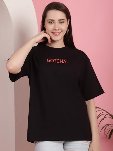 Image of Preneum Women's Cotton Graphic Printed Baggy Fit Drop-Shoulder Sleeves Cotton Oversized T-Shirt || Round Neck || Half Sleeve