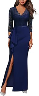 MISSMAY Women's Vintage Floral Lace Ruffle Half Sleeve Evening Party Formal Long Dress (Large, Navy Blue)