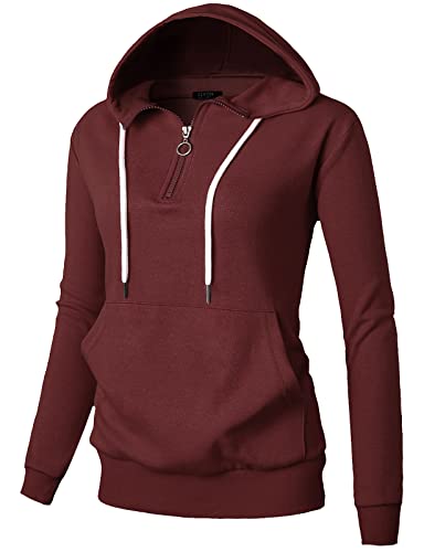 GIVON Womens Quarter Zip Pullover Hoodie 1/4 Zip Up High Neck Burgundy Hoodies Sweatshirt Lightweight Thin Cotton Blend / DCF201-BURGUNDY-2XL