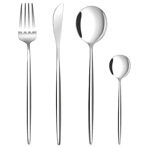 Image of 4 pcs Flatware Set, Silver Silverware Set for 1, Knife Fork Spoon, Stainless Steel Home Dinnerware Tableware,Mixed Cutlery Set Eating Utensils for Restaurants (4 Pcs Silver)