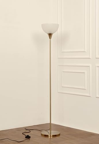 Image of Divine Trends Uplighter Brass Antique Finish Floor Lamp for Living Room with Frosted Glass Lampshade | Includes LED Warm Bulb | Hidden Wire Design | Uplight Corner Standing Lamp for Home | Pack of 1