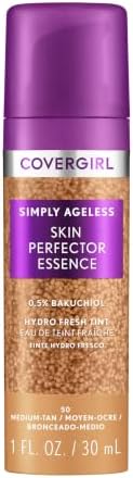 Covergirl Simply Ageless Skin Perfector Essence Foundation, 50 Medium-Tan, Tinted Skincare Makeup Hybrid, Sheer Tint, Radiant Finish, Glowy Finish, Vegan Formula, 1.0oz