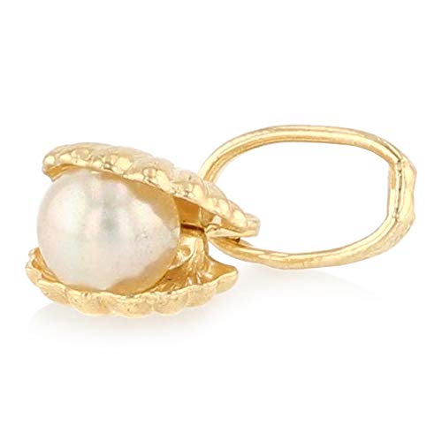 Ioka - 14K Yellow Gold Clam Shell With Fresh Water Cultured Pearl Charm Tiny Pendant For Necklace Or Chain #TOP1