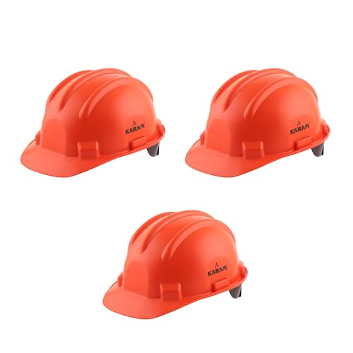 Image of KARAM PN521 Safety Helmet for Men Construction Helmet | Ratchet Type Adjustment with Adjustable Chin Strap | Work Helmet with Side Slot for Attachment | is:2925:1984 Certified | Orange | Pack of 3