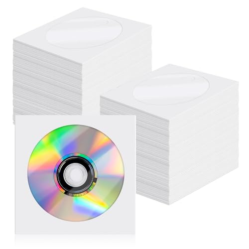 Krijuess CD DVD Sleeves 200 Pack White CD DVD Sleeves Envelope Holder with Clear Window and Flap (5x5 inch/12.7x12.7 cm)