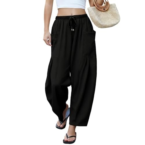 LOMON Womens Wide Leg Linen Pants Casual Drawstring Palazzo Harem Pants Summer Loose Beach Travel Vacation Pants with Pockets