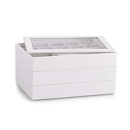Vlando Stackable Jewelry Tray - Multipurpose Desktop Drawer Chest Jewelry Accessories Display Storage Organizer For Earring Necklace Bracelet Ring, 3-Layer W/Lid, White #TOP4