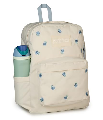 Image of JanSport Superbreak Plus FX Backpack - Work, Travel, or Laptop Bag with Water Bottle Pocket, Superbreak Plus Fx, Just A Rose Emb Moon Flower /Blue /Green