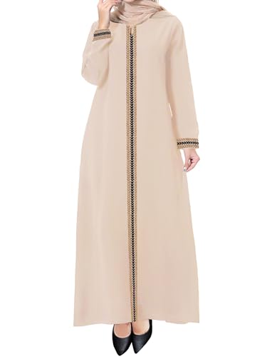 WSPLYSPJY Embroidered Abaya Muslim Dresses for Women Maxi Long Sleeve Prayer Clothes Middle Eastern Kaftans Light Khaki S