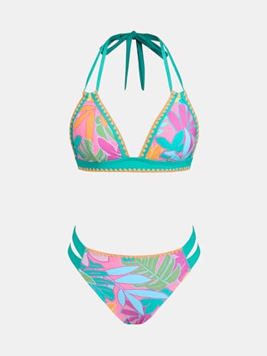 Image of CUPSHE Women's Two Piece V Neck Halter Bikini Sets Stitching Swimsuit | Back Hook,Side Cutout,Cheeky Bottom,Soft Removable Cups,Double Straps,Flattering Bathing Suit For Vacation And Beach