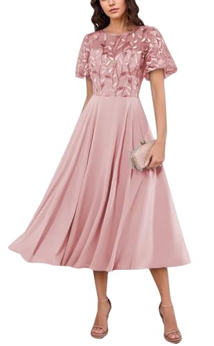 KIYNE Vestido formal de gasa con lentejuelas y mangas para mujer, largo hasta el té, para invitada de boda, Rosa Polvoriento, 38