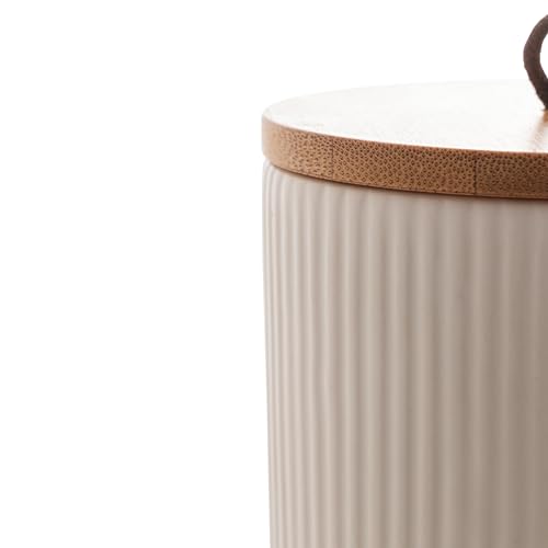 Lyor, 8671, Potiche de Cerâmica com Tampa de Bambu e Pegador de Corda Lines Branco 10cm x 10cm x 12,