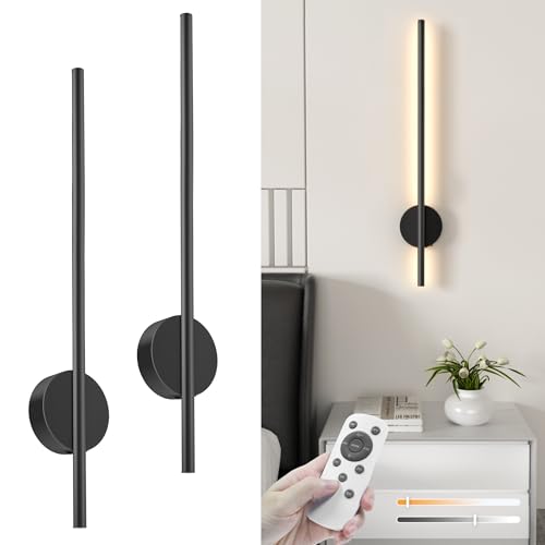 Image of NIORSUN 28 Inch Battery Operated Wall Sconce Set of 2, 360 Rotation Dark Black Rechargeable Wall Lights with Detachable Tube and Remote, 3CCT Dimmable Wall Lamp for Living Room Bedroom Hallway
