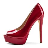 Elisabet Tang Women's 5.5 inch Stilettos Peep Toe Platform High Heels Pumps Round Toe Shoes Slip On for Dress Wedding Party Prom Red Patent 8