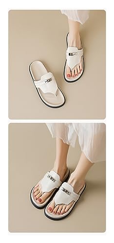 Women's Thick Soled Leather Flat Slippers, Black Beach Fashion Flip Flops, Sizes 5-11(Apricot,8)4