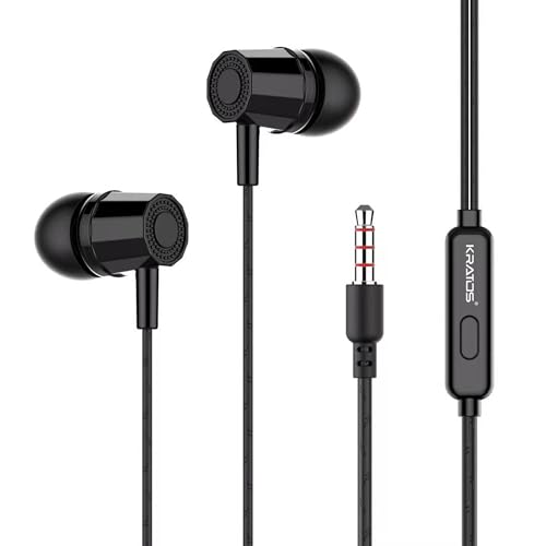 Image of Kratos E02 Black Wired Earphones with 3.5mm Jack in-line Mic Control for Clear Calling & Music, Multi-Functional Controller,Sweat Resistant,Comfort Fit Wired Ear Phones,Compatibility with All Mobiles
