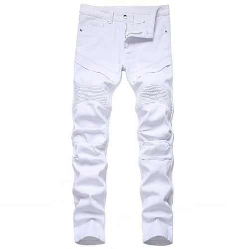 Jeans Pants Trousers Denim Trendy Street Tight Personalized Wrinkle White Retro Casual Commuter Straight Leg Small for Men(White,31)3