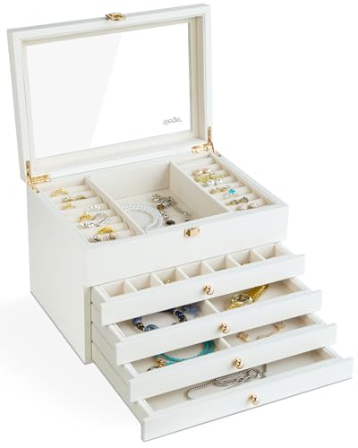 Slege Scatola Portagioie,in Legno Fatto a Mano,5 Livelli 4 Cassetti, Coperchio in Vetro,Porta Gioielli,Portagioie Donna,per Anelli,Orecchini,Collane,Spille,Orologi,per Donne e Ragazze,Moderno,Bianco