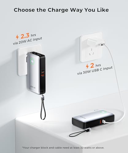 Image of Portable Charger Power Bank - Battery Pack 35W AC Plug GaN 10000mAh Built in Cable USB C Phone Fast Charging Powerbank Compatible with iPhone 16 15 14 13 12 11 X iPad MacBook Samsung (White)