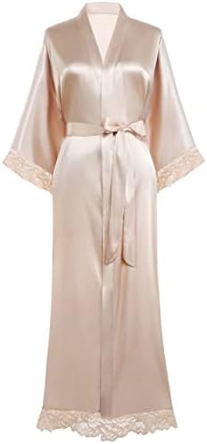 BABEYOND Women's Kimono Dressing Gown Satin Kimono Robe Long Kimono Bridesmaid Bath Robe with Lace Trim for Nightwear Girl's Bonding Party Wedding Pajama Party