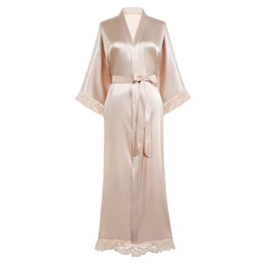 BABEYOND Satin Kimono Robe Long Bridesmaid Wedding Bath Robe with Lace Trim