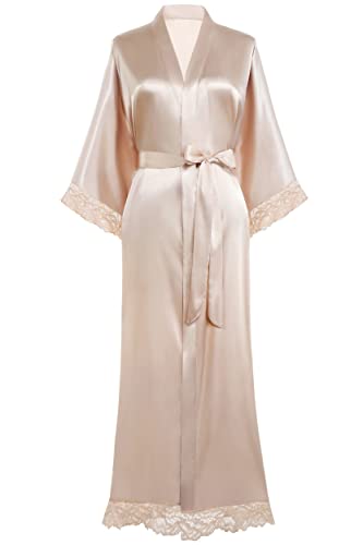 BABEYOND Satin Kimono Robe Silky Long Bridesmaid Wedding Lightweight Bath Robe with Lace Trim