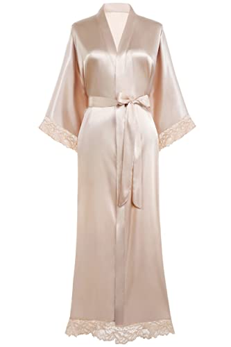 BABEYOND Damen Morgenmantel Lang Einfarbiger Bademantel Spitzen Ärmel Seide Satin Kimono Kleid Damen Sommer Robe Reine Farbe Schlafmantel (Lang - Champagner)