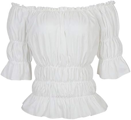 Women Renaissance Blouse Victorian Steampunk Pirate Shirt Off Shoulder Short Sleeve Smocked Blouse Tops White Small