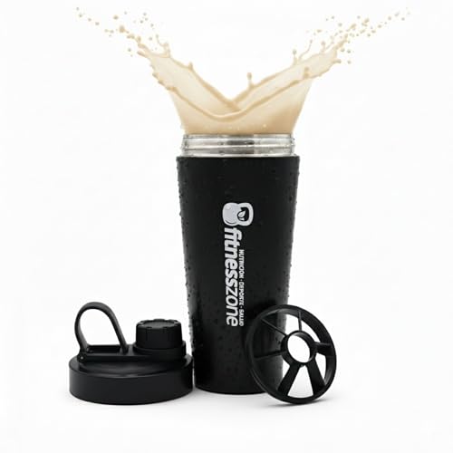 FitnessZone Shaker Proteinas Acero Inoxidable 750ml - Botella Proteinas Mezclador, Anti-Derrames, Cierre Hermetico, Facil de Lavar, Mantiene la Temperatura, Libre de BPA, Facil Transporte