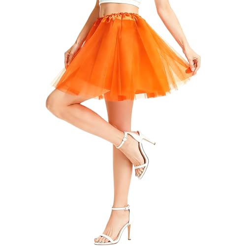 PLULON Orange Tutu for Women Adults 5 Layers Neon Short Tutus Skirt Puffy Elastic Tulle Dance Ballet Bubble Skirts Halloween Costume 80s Outfit for Girls Christmas Bachelorette Party Fancy Dress