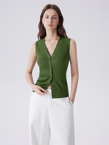 Image of SUUKSESS Women Sleeveless Sweater Tops Summer V Neck Button Down Vest Tops Business Casual Work Shirts