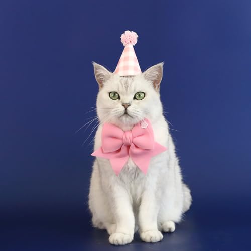 Kaseremy ペット 誕生日グッズ 犬 猫 誕生日 帽子 かわいい 蝶ネクタイ スタイ サイズ調節可能 おしゃれ 撮影 写真 バースデー 誕生日プレゼント パーティー 飾り付け (ピンク)