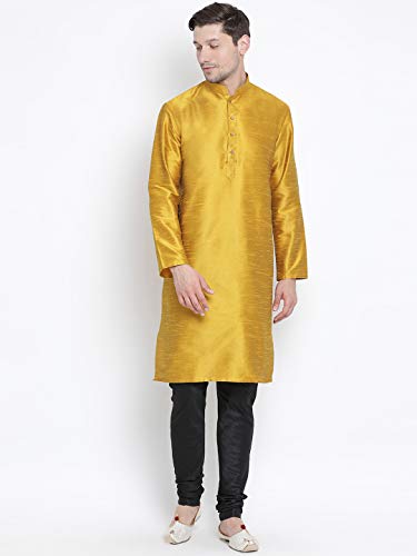 Image of VASTRAMAY Men's Mustard Cotton Silk Blend Kurta and Pyjama Set VASMKMD001nPBL 46