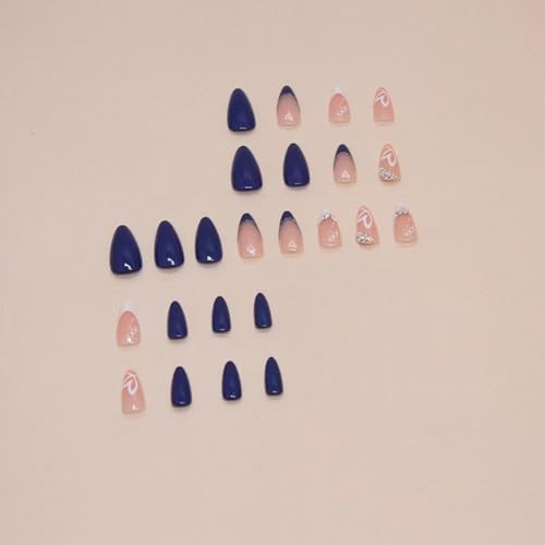 Image of Stiletto Press on Nails Medium Blue Fake Nails Heart False Nail with Design Rhinestone Glue on Nails Artificial French Acrylic Nail Glossy Full Cover Stick on Nail for Women Girls Manicure 24pcs