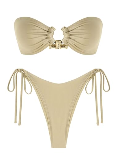 ZAFUL Conjunto de bikini bandeau con anillo de metal, traje de baño de corte alto, traje de baño de 2 piezas, traje de baño recortado, Café (Light Coffee), S