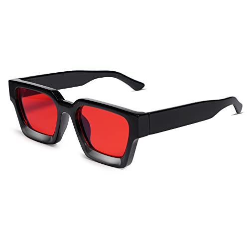 VANLINKER Thick Square Sunglasses for Men Women Retro Chunky Rectangle Shades UV400 Protection VL9731 Black Frame/Red Tinted Lense