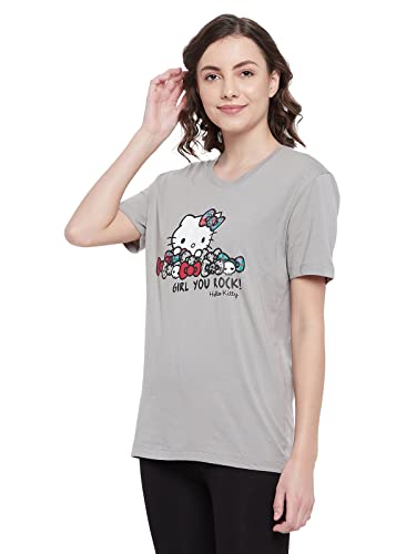 Image of Clovia Women's Cotton Graphic Print Short Sleeve T-Shirt in Grey
