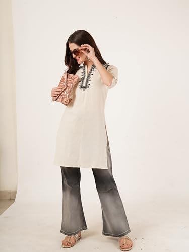 Brownverse Pure Cotton Embroidered Women Short Kurti