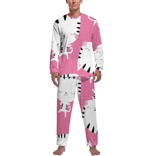 Pyjama Homme Chat Dessin Animé : Ensemble Haut et Bas de Nuit à Manches Longues