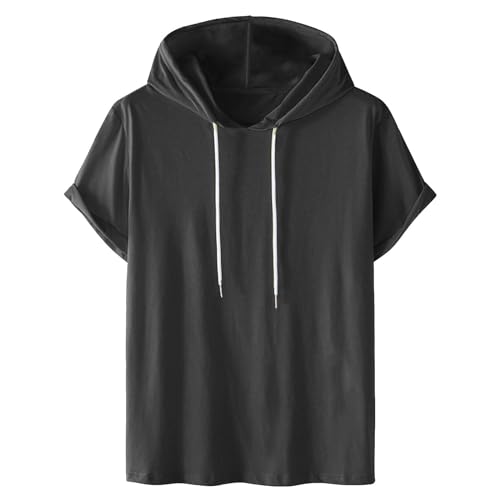 Men's Short Sleeve Hoodie Workout Gym Sweatshirt Muscle Casual Loose Fashion Athletic Pullover Hooded Solid T-Shirts