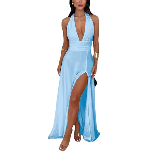 Image of ANKOMINA Women's Sexy V Neck Halter Backless Maxi Dress Ruched High Split Long Bodycon Dresses for Party Cocktail Evening