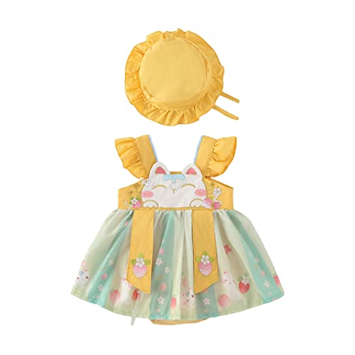 Image of Newborn Baby Girl Summer Embroidery Romper Fly Sleeve Hanfu Dress with Baby Cap Classical Bodysuit Outfit Set