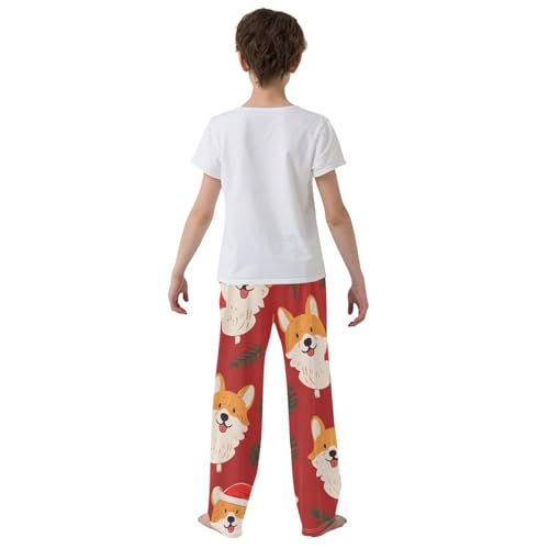 Christmas Corgi Pine Branches Boys Long Pants Soft Trousers Elastic Waist Kids Lounge Bottoms with Pockets S-XL3