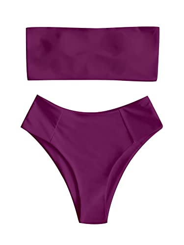 Image of ZAFUL Women's High Cut Bandeau Bikini Set Strapless Solid Color 2 Pieces Bathing Suit Swimsuit