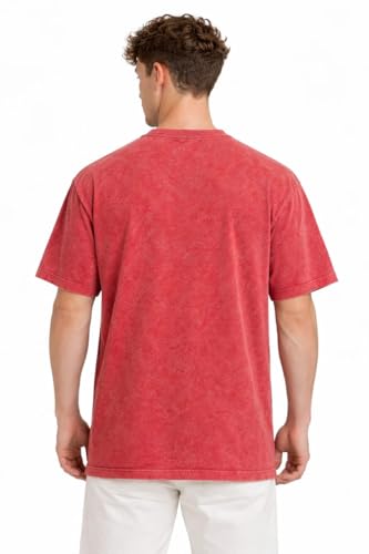 Image of VEL Plain 240 GSM Heavy Cotton Acid wash Oversized Tshirt Men Drop Shoulder Half Sleeves Round Neck Solid Cotton T-Shirts for Men