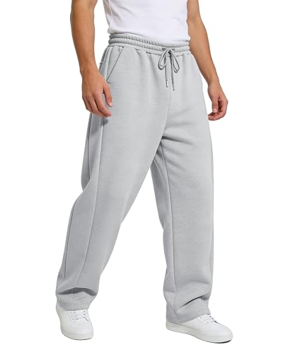 BUXKR Men's Baggy Sweatpants Wide Leg Sweat Pants Fleece Lounge Cotton Loose Elastic Drawstring Waist Pants with Pockets Light Grey
