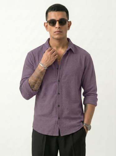 Image of Men's Casual Button Down Shirts Long Sleeve Cotton Bland Shirt Fashion Textured Beach Summer Shirt