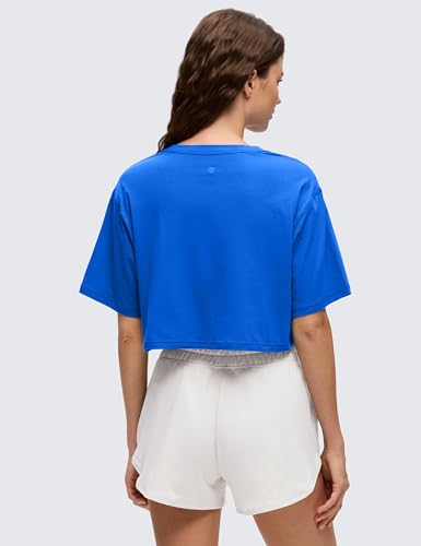 Image of CRZ YOGA Pima Cotton High Neck Crop T-Shirt | Workout, Naturally Soft, Loose Fit, Short Sleeve Tops for Women